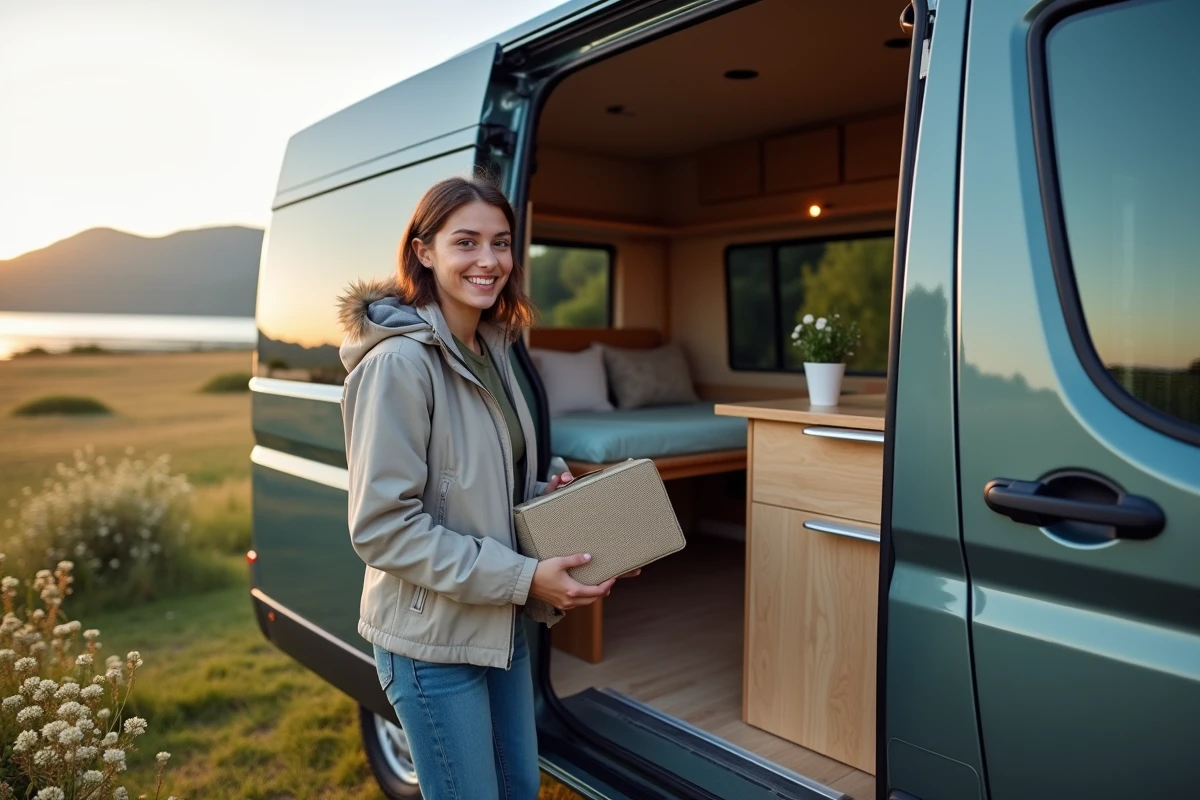 Jeune femme organisant ses affaires dans un van au bord du lac
