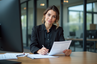 Femme professionnelle tenant une carte grise dans un bureau