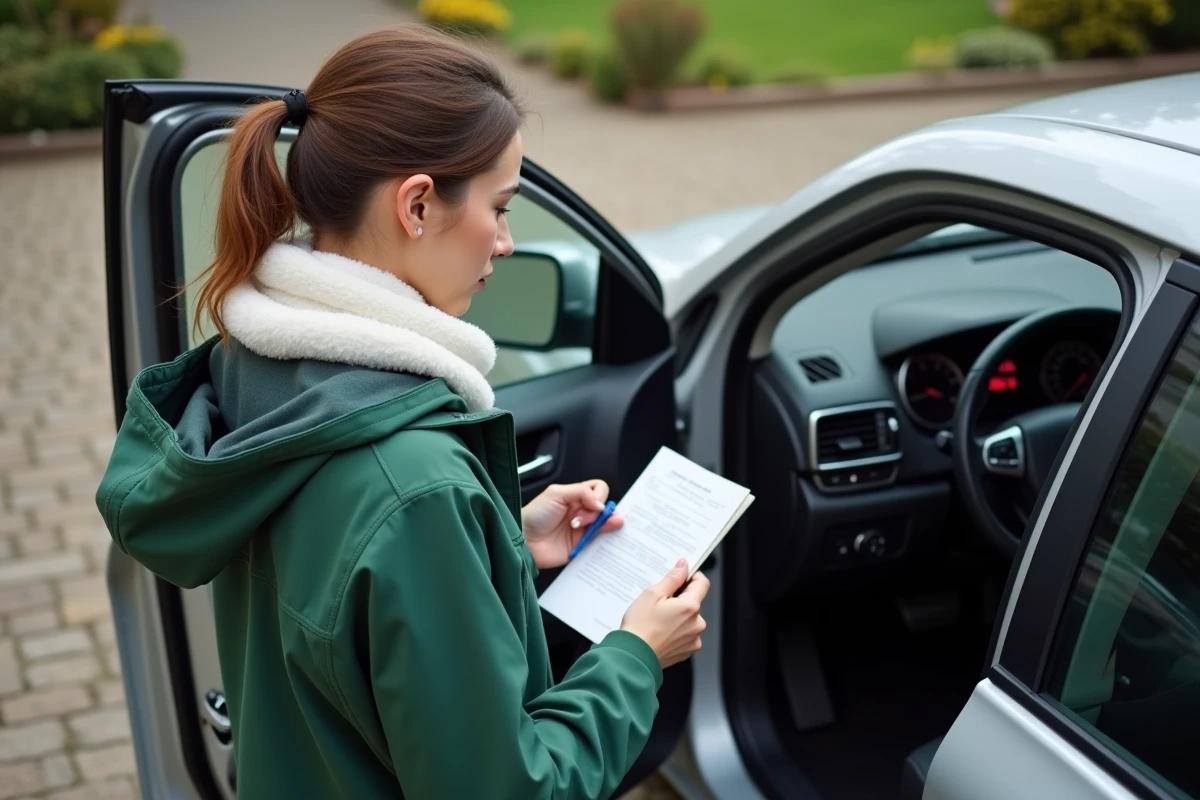 Jeune femme regardant la radio de la voiture avec manuel et smartphone