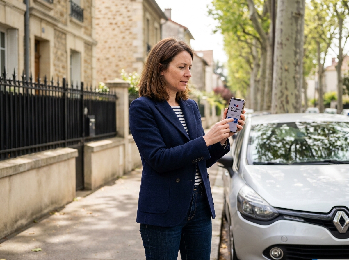 Femme vérifiant le solde de points de son permis sur smartphone devant sa voiture dans une rue résidentielle