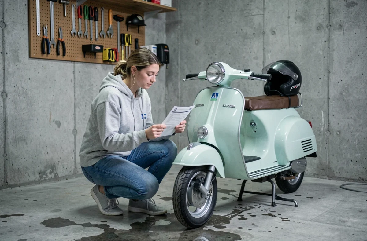 Femme consultant un document d'assurance avant de coller la vignette sur son scooter dans un garage