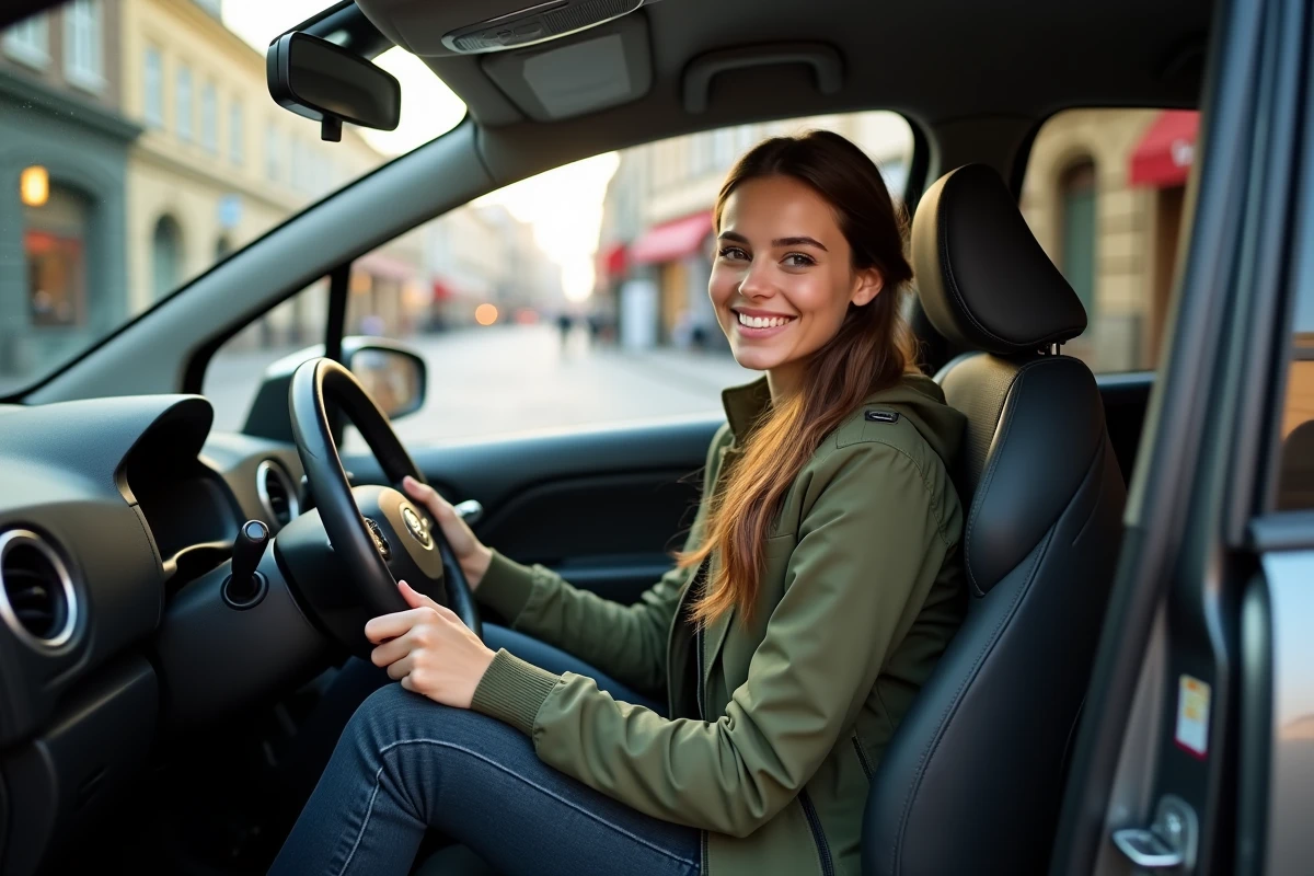 Jeune femme au volant d'une voiture citadine compacte dans une rue urbaine européenne