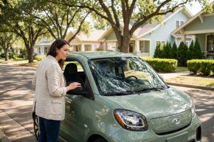 Femme examinant une voiture sans permis électrique garée dans une rue résidentielle