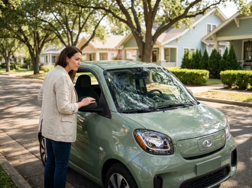 Femme examinant une voiture sans permis électrique garée dans une rue résidentielle