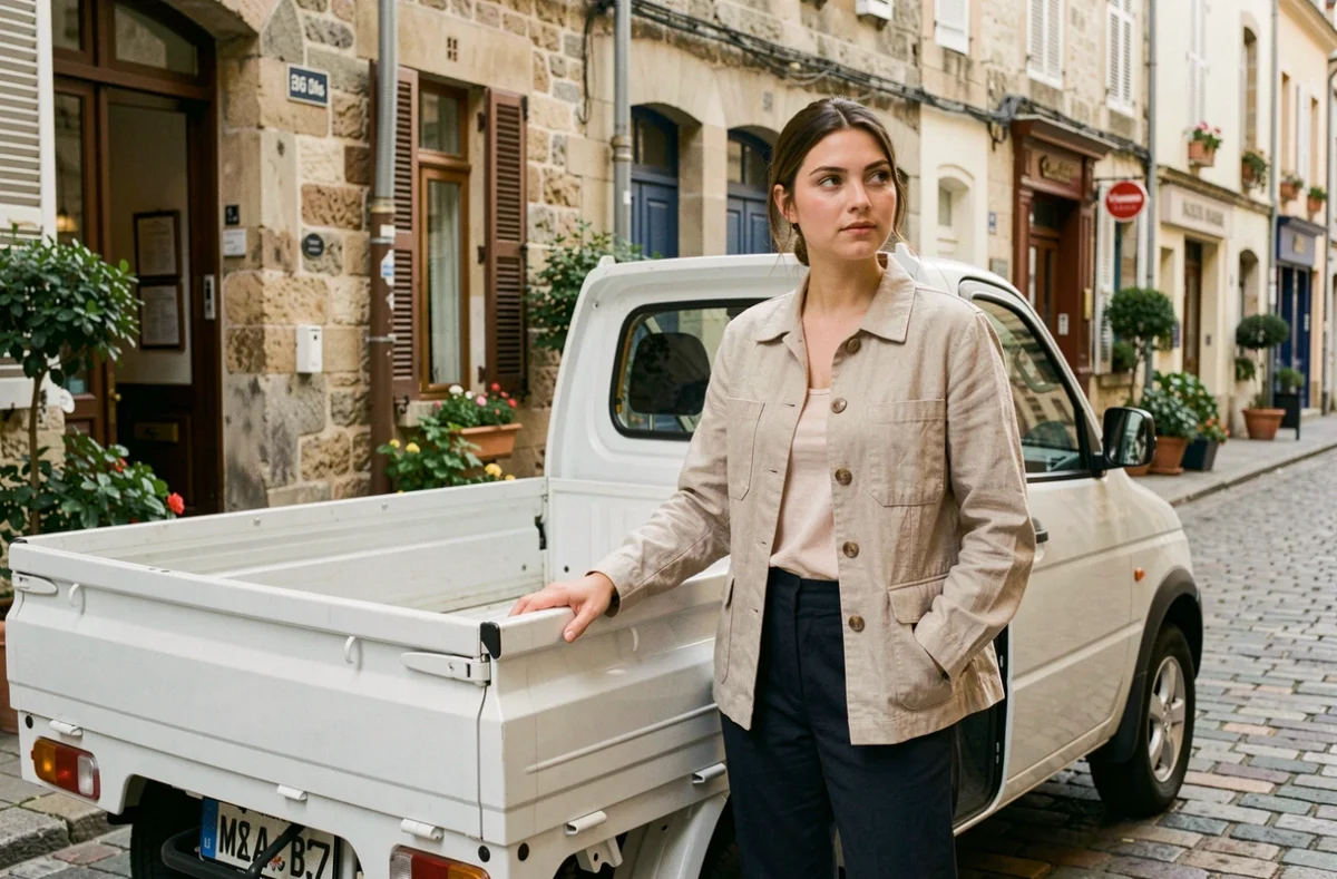 Jeune femme debout à côté d'une voiture sans permis pick-up blanche dans une rue pavée d'une petite ville française
