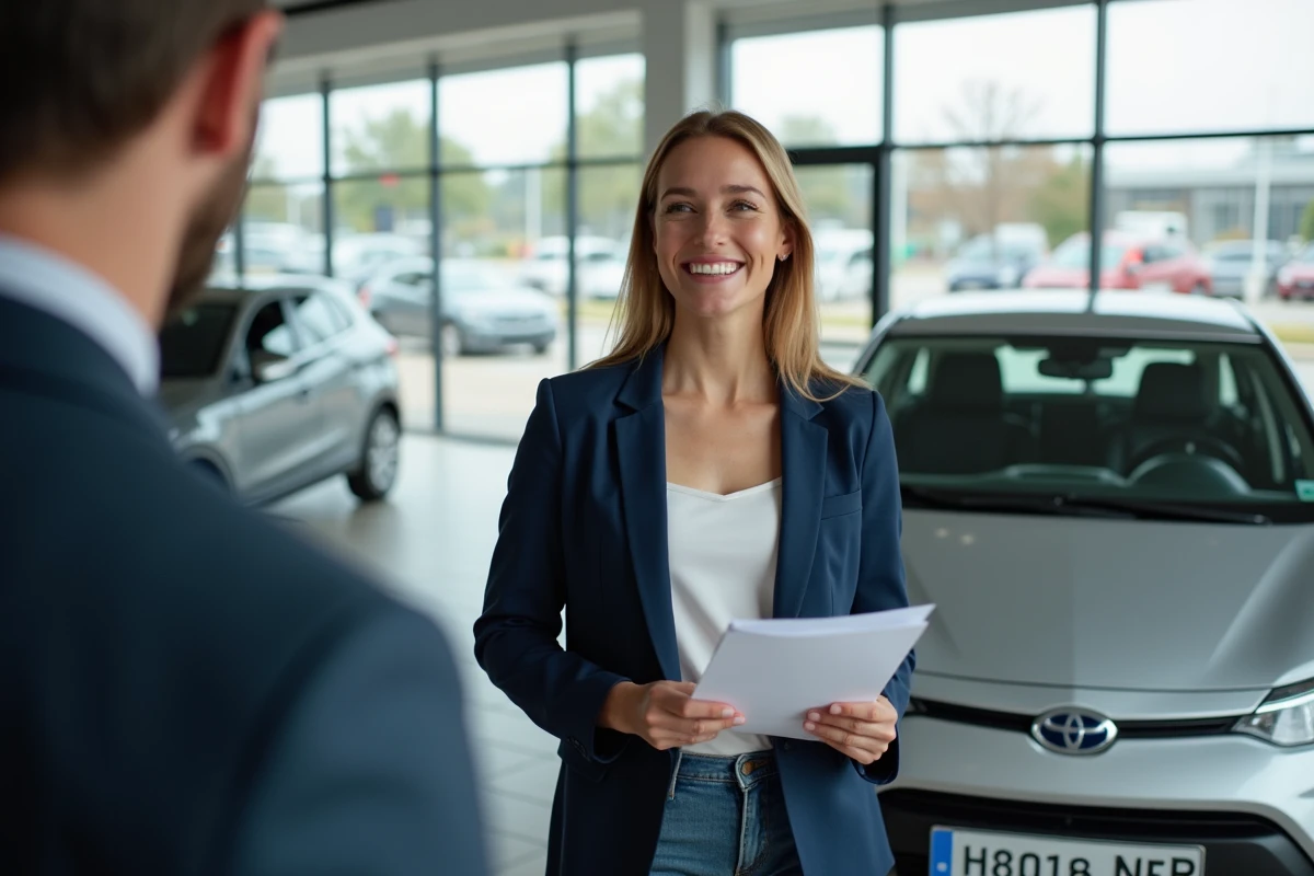 Femme obtenant un financement auto sans apport dans une concession automobile avec dossier de pr&ecirc;t en main