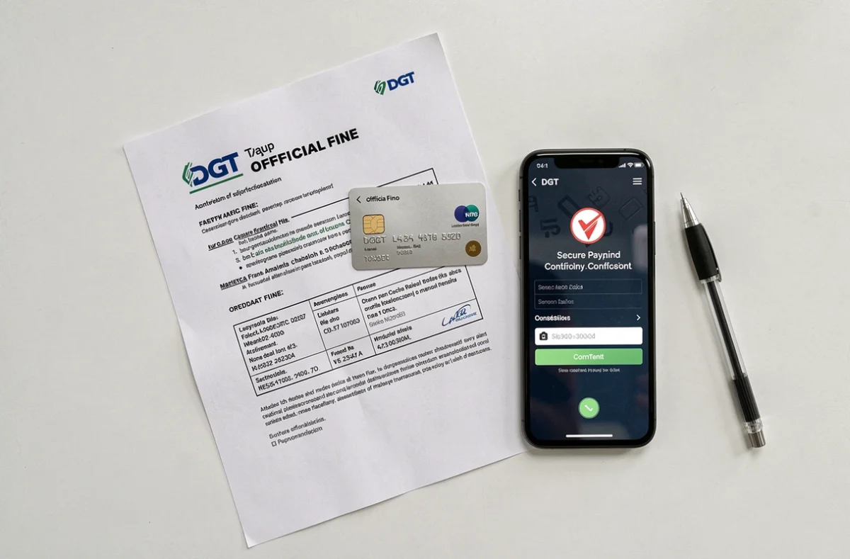 Flat lay d'une amende DGT imprimée avec carte bancaire et smartphone pour paiement sécurisé