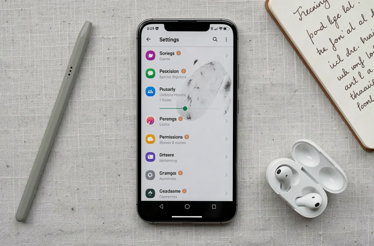 Vue aérienne d'un smartphone affichant les permissions d'applications pour repérer un tracker indésirable