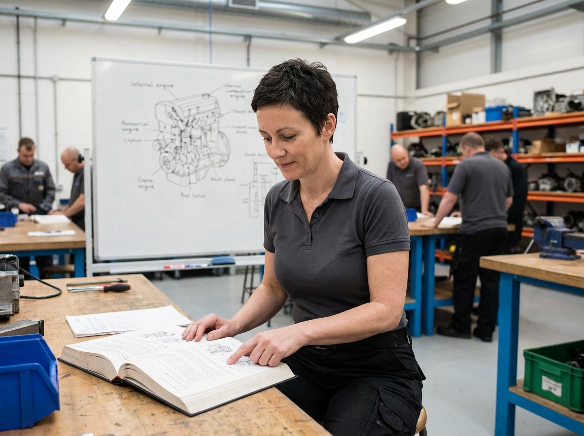 Femme participant à une formation en mécanique automobile avec manuel technique dans une salle de cours professionnelle