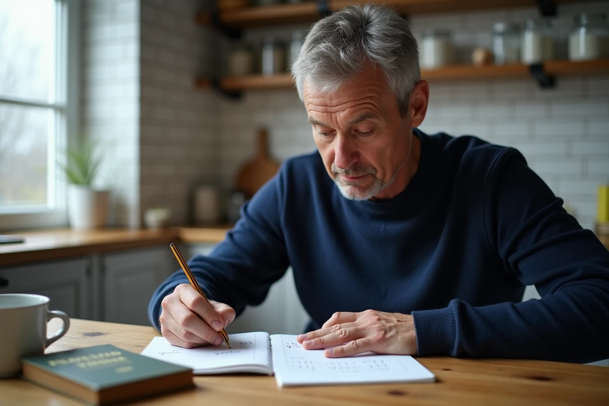 Homme prenant des notes sur une formule de conversion mph en km/h dans un carnet à la table de cuisine