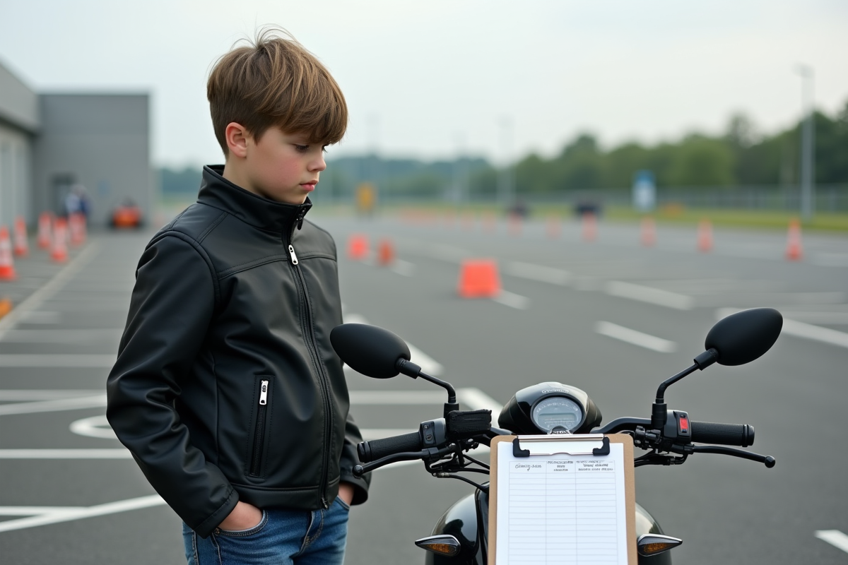 Adolescent regardant une liste de prix sur une moto en extérieur