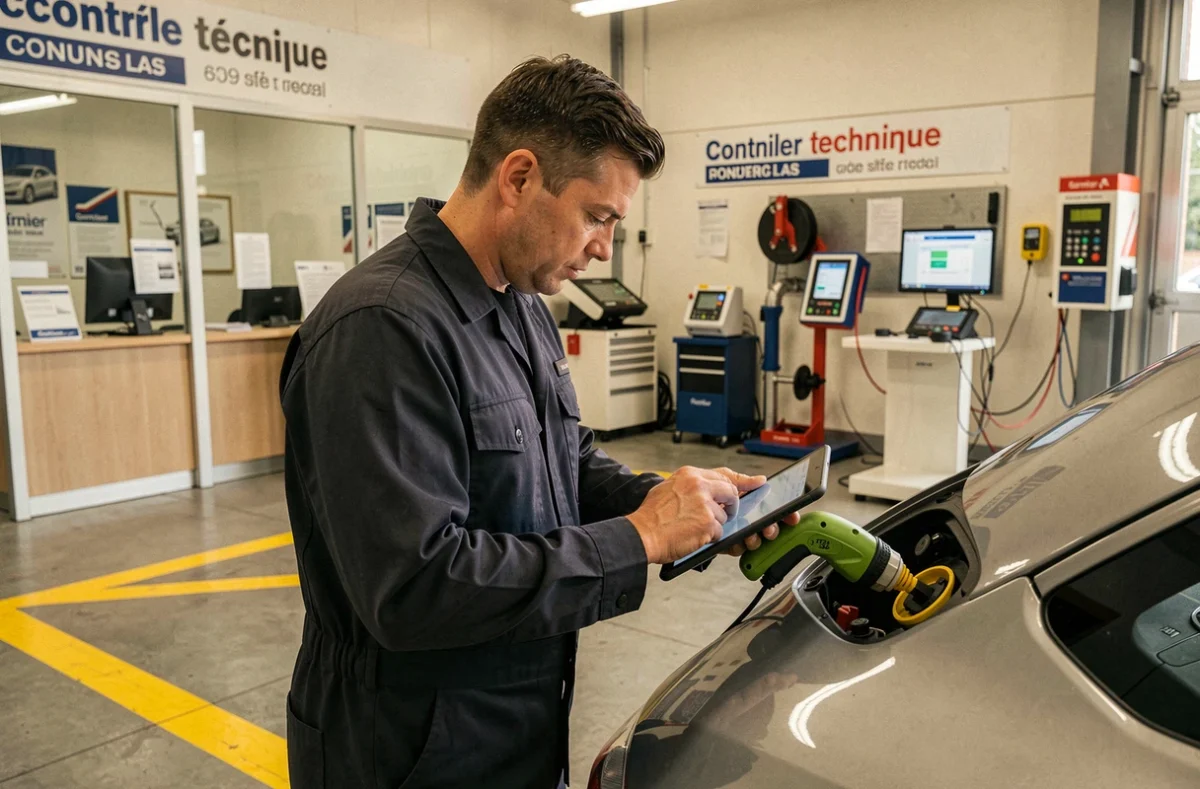 Technicien Garnier réalisant un diagnostic électronique sur un véhicule dans un atelier de contrôle technique