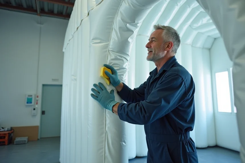 Cabine de peinture gonflable en cours d'entretien et nettoyage