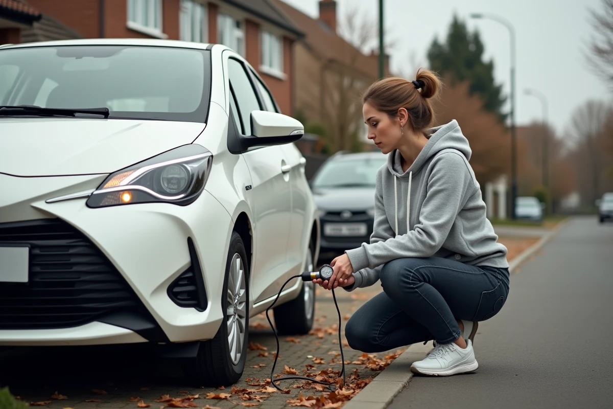 Femme gonflant les pneus de sa Toyota Yaris Hybride avec un gonfleur portable dans une rue résidentielle en automne