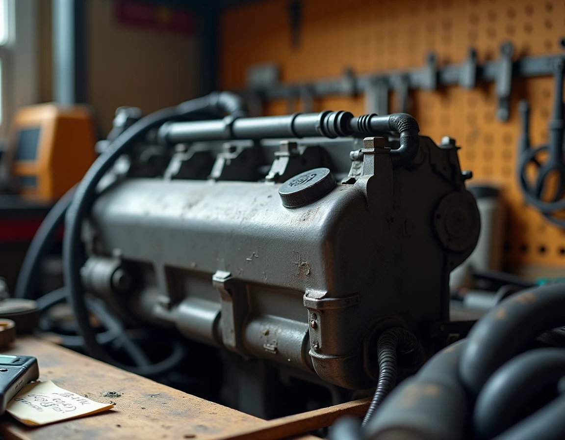 Gros plan sur un bloc moteur 2 HDi 90 usagé posé sur un établi de garage avec outils de diagnostic