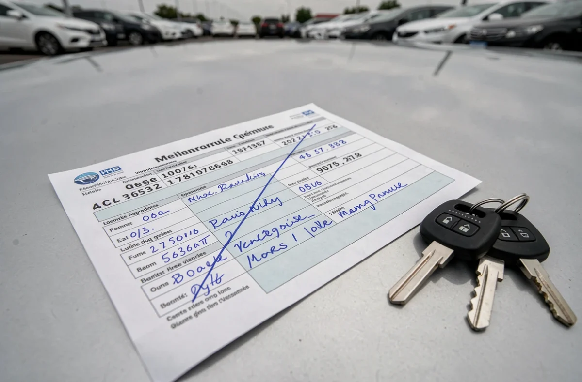 Gros plan sur une carte grise rayée posée sur le capot d'une voiture avec des clés lors d'une vente à un professionnel