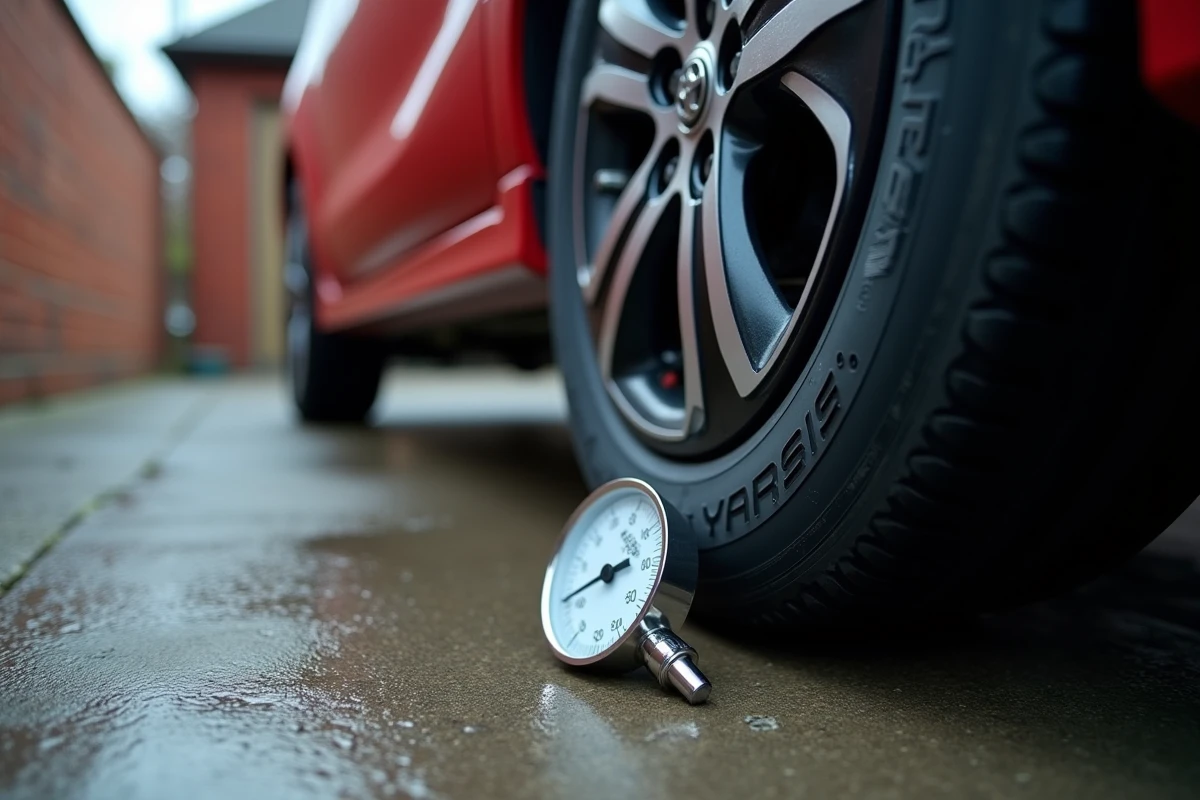 Gros plan sur les marquages de pression d'un pneu Toyota Yaris Hybride avec manomètre posé sur l'allée d'une maison