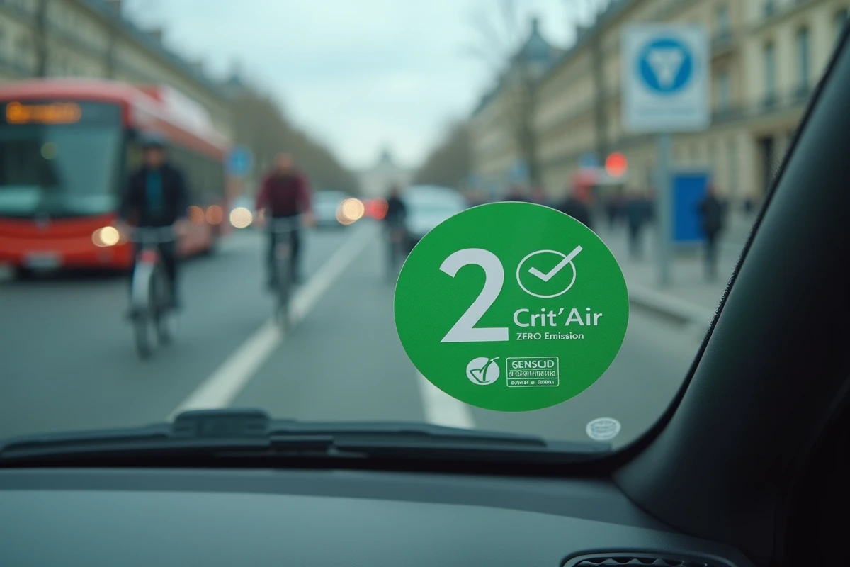 Gros plan sur un sticker Crit'Air zéro émission collé sur un pare-brise avec un boulevard parisien et un panneau ZFE flous en arrière-plan