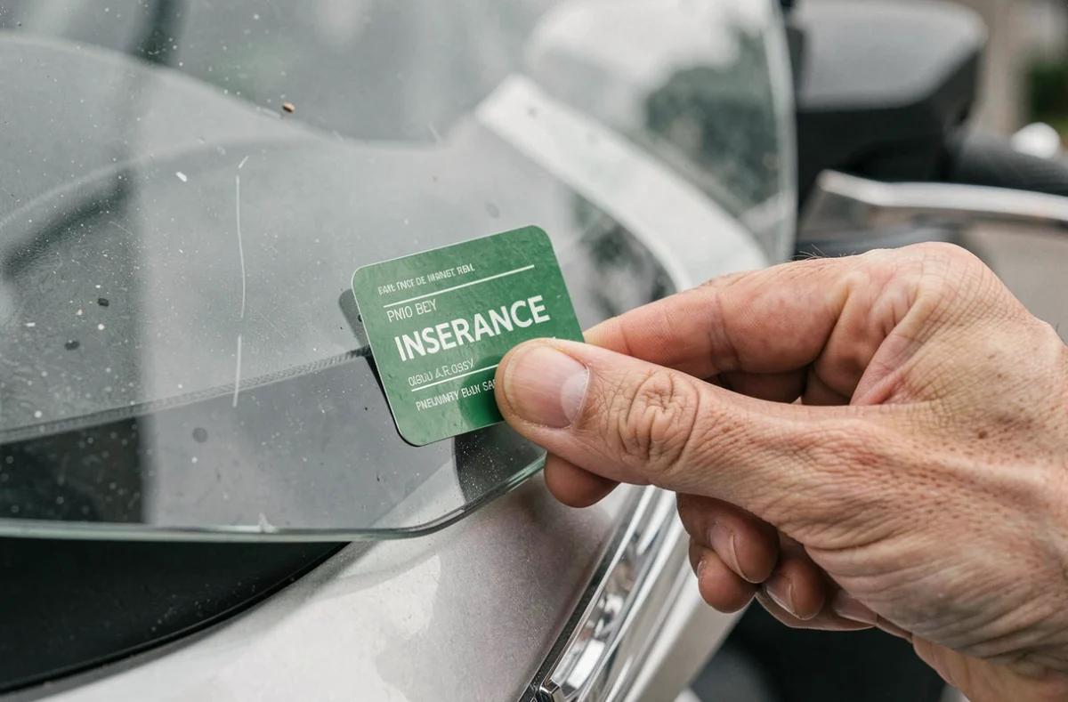 Gros plan d'une vignette d'assurance scooter collée sur le pare-brise