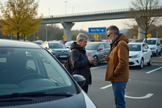 Groupe d'adultes discutant près de voitures en covoiturage