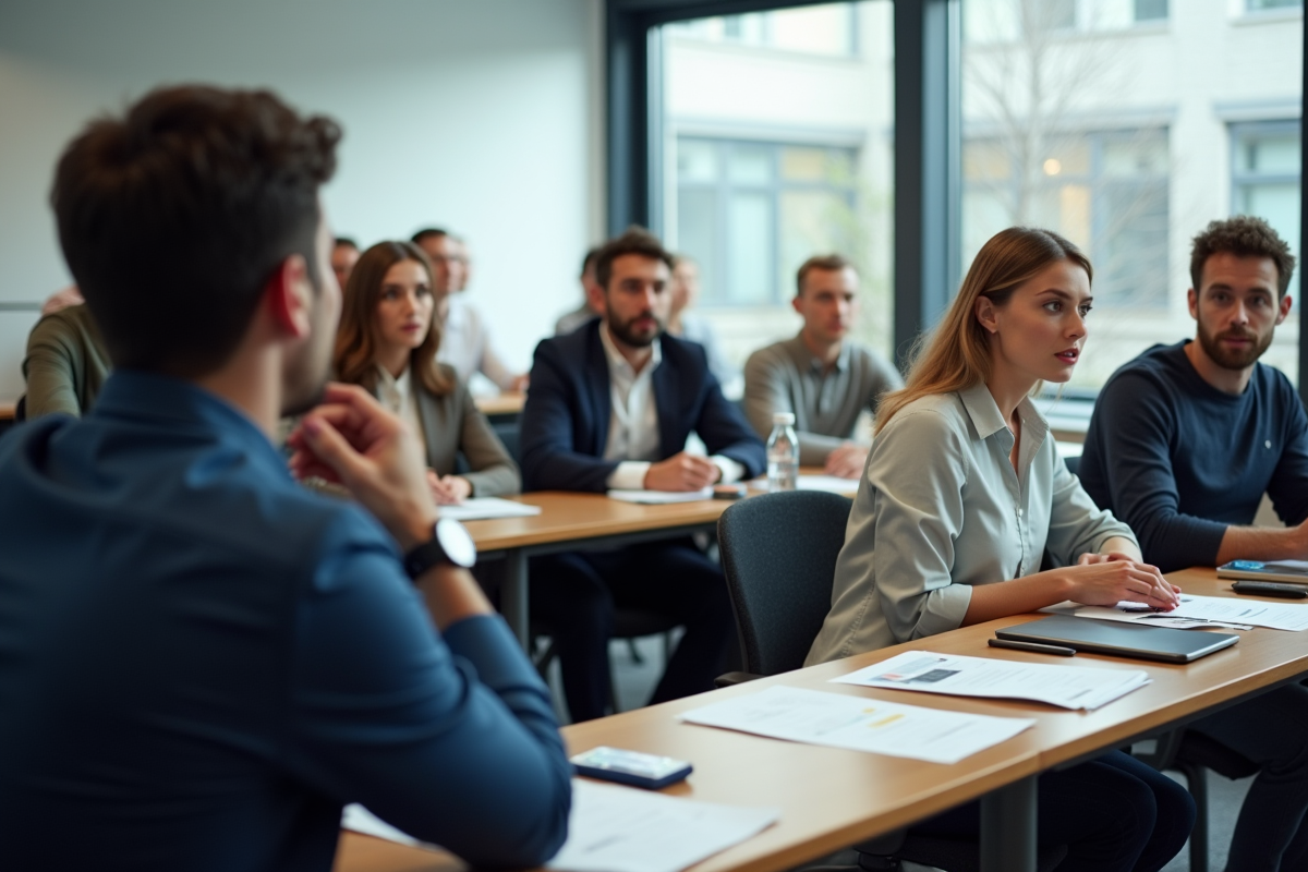 Groupe d'adultes en formation avec documents légaux français