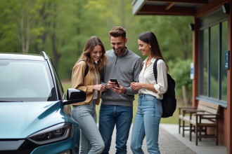 Groupe de jeunes adultes près d'une voiture électrique en voyage