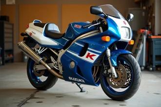 Suzuki GSX-R 1100 de 1992 vue de trois quarts avant dans un garage privé, montrant la livrée bleue et blanche d'origine avec une patine authentique