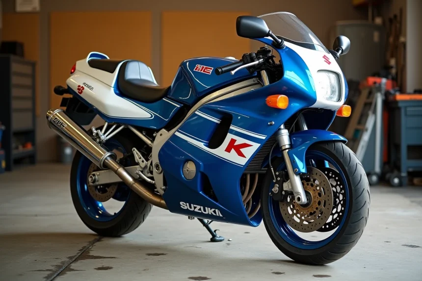 Suzuki GSX-R 1100 de 1992 vue de trois quarts avant dans un garage privé, montrant la livrée bleue et blanche d'origine avec une patine authentique