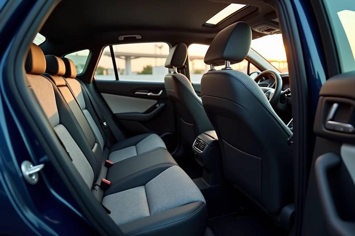 Banquette arrière de la Peugeot 308 2026 avec sellerie mixte tissu et cuir, garnitures biton et accoudoir central intégré