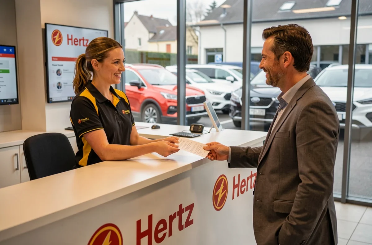Bureau de l'agence Hertz à Metz avec une conseillère en uniforme remettant un contrat de location à un client