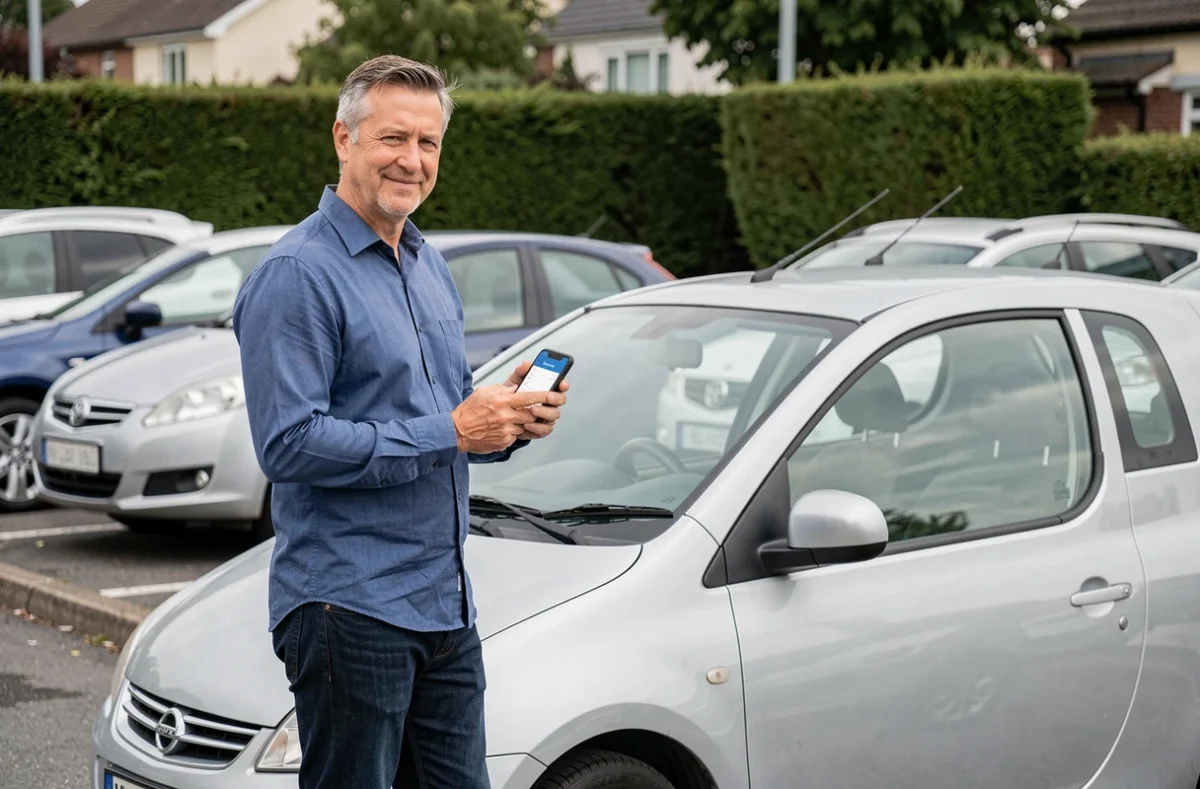 Homme consultant son application d'assurance auto sur smartphone à côté de sa voiture compacte