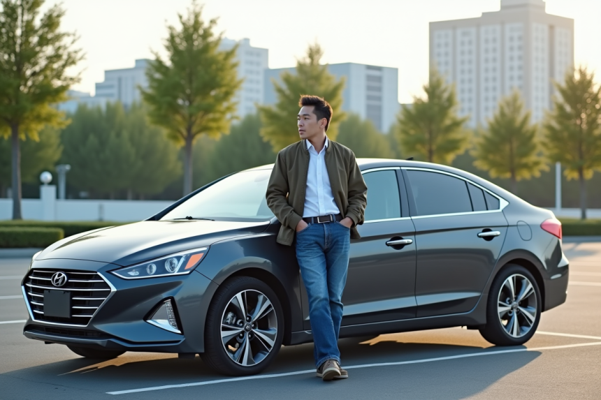 Homme asiatique en casual devant une voiture hybride