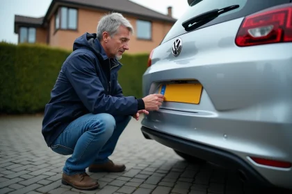 Homme attachant une nouvelle plaque d'immatriculation à sa voiture