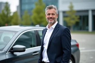 Homme debout à côté d'une BMW F10 en ville