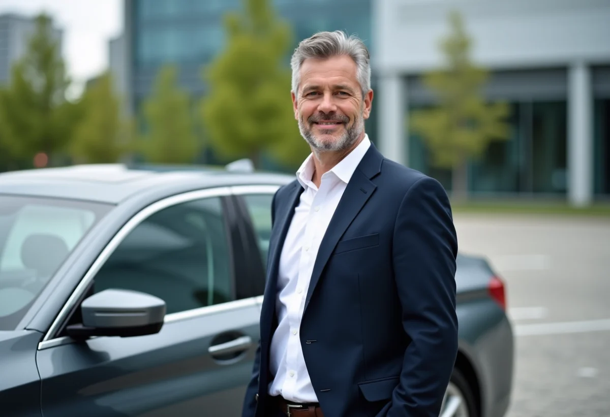 Homme debout à côté d'une BMW F10 en ville