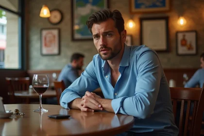 Homme en café français regardant son verre de vin