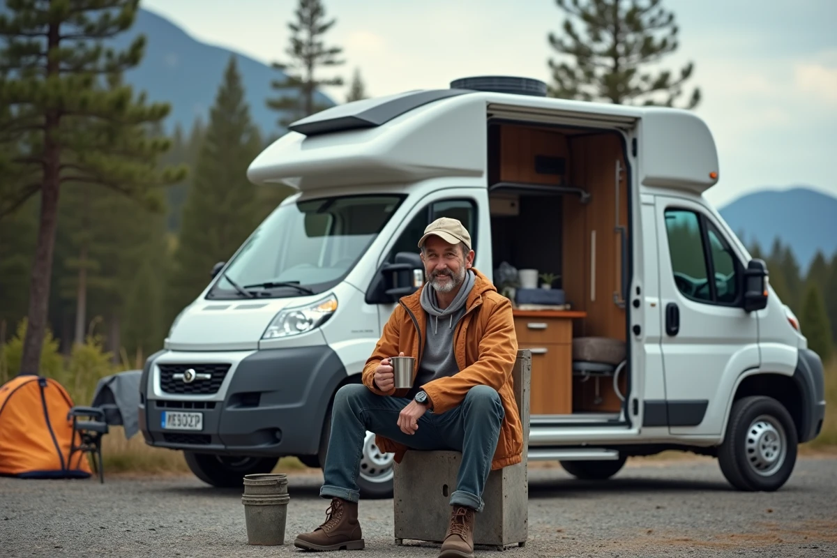 Homme assis devant un van en pleine nature avec café