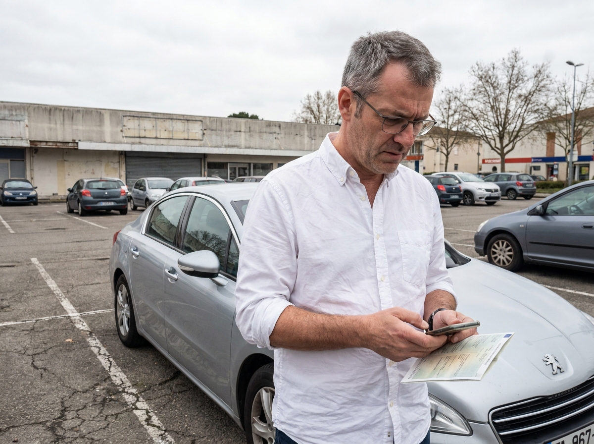Homme consultant son téléphone avec sa carte grise à côté de sa voiture dans un parking