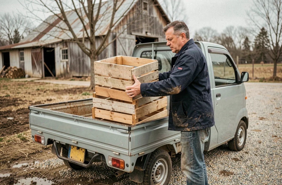 Homme chargeant des caisses en bois dans le plateau d'une voiture sans permis pick-up dans une ferme rurale