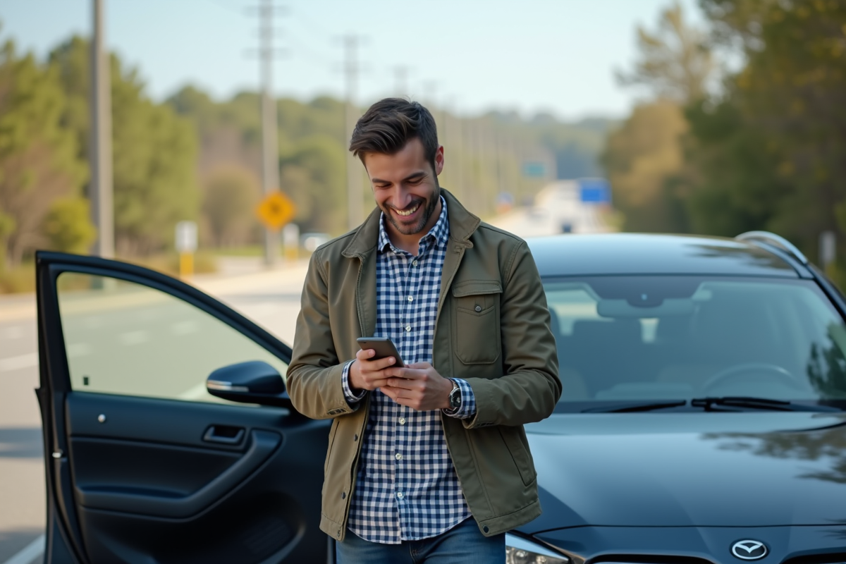 Homme confiant vérifiant son application de covoiturage