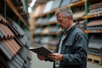 Homme d'âge moyen choisissant des plaques d'asphalte pour toiture