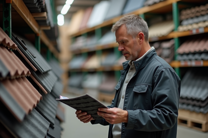 Homme d'âge moyen choisissant des plaques d'asphalte pour toiture