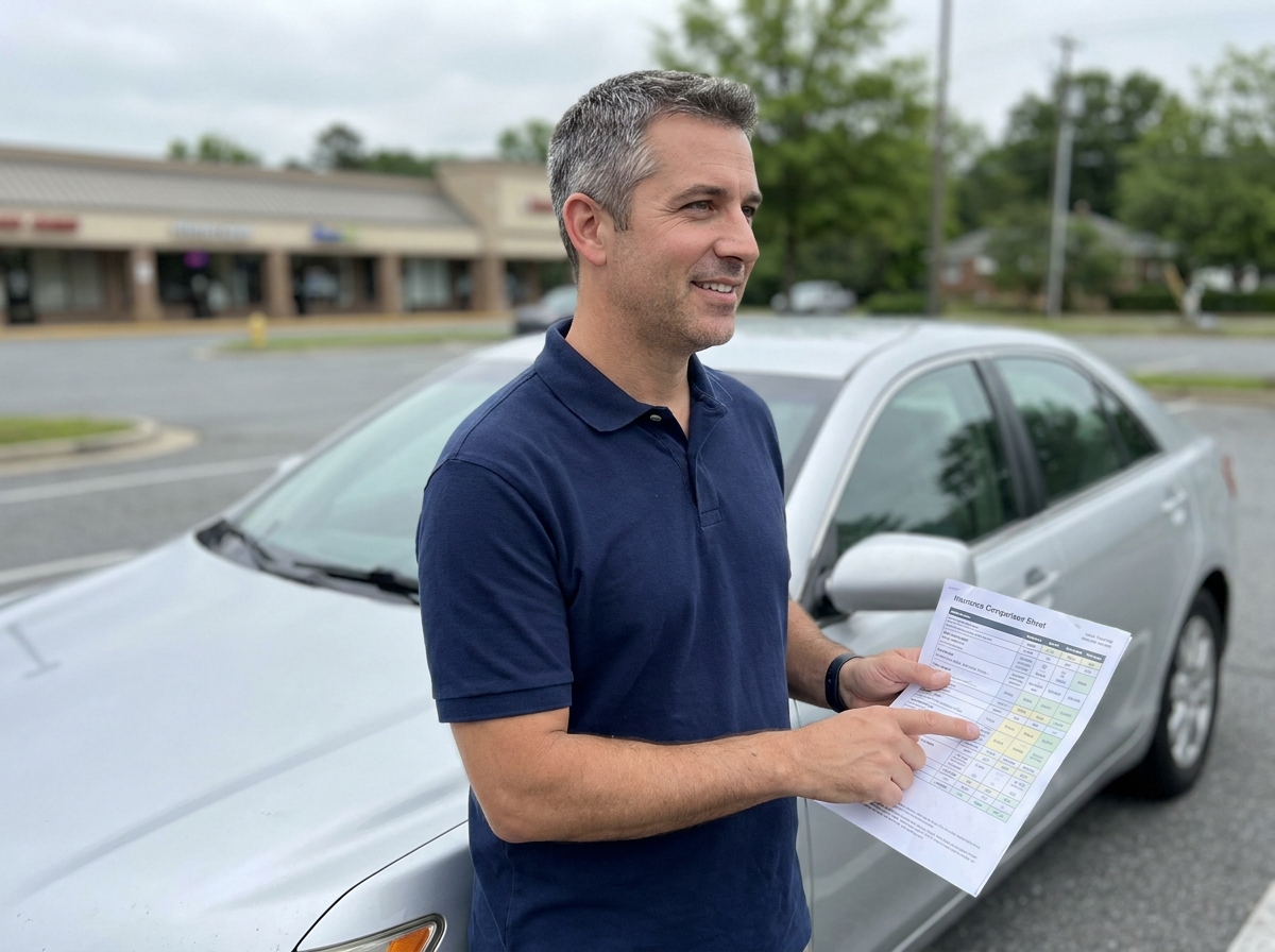 Homme comparant des formules d'assurance auto devant sa voiture dans un parking