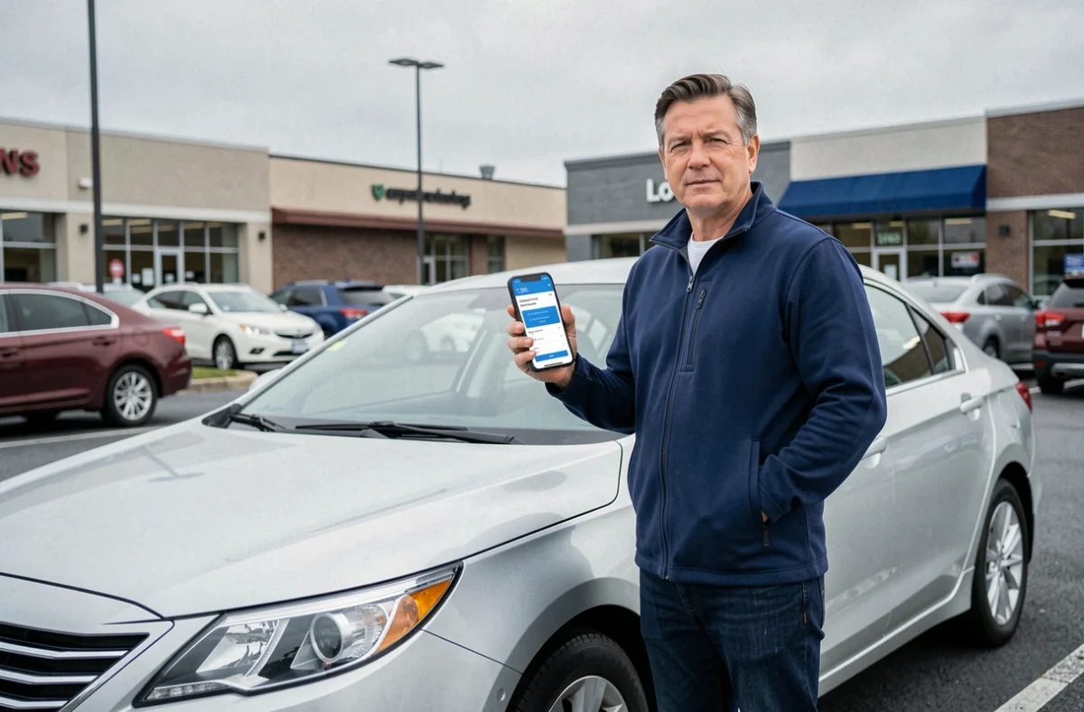 Homme comparant les prix d'une assurance auto tous risques sur son téléphone