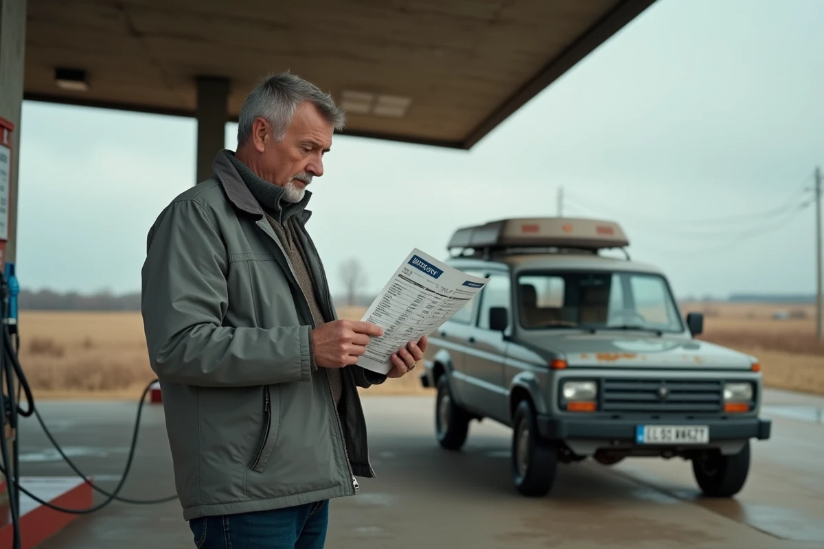Un homme d'une quarantaine d'ann&eacute;es comparant les prix du Lada Niva 4x4 avec des SUV d'occasion &agrave; une station-service rurale