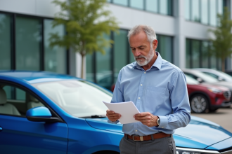 Homme d'âge moyen examinant documents d'assurance auto