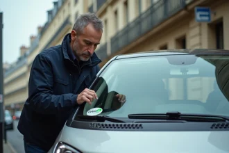 Homme examinant le sticker Crit'Air sur un véhicule électrique garé dans une rue parisienne avec panneau ZFE visible en arrière-plan