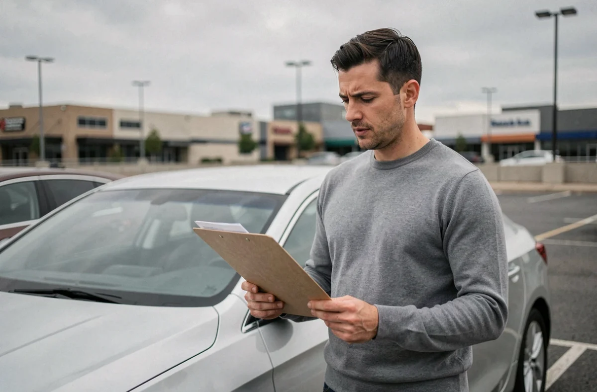 Homme tenant son dossier d'assurance auto devant sa voiture dans un parking urbain