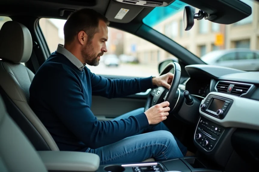 Homme d'âge moyen entrant un code dans la radio de la voiture
