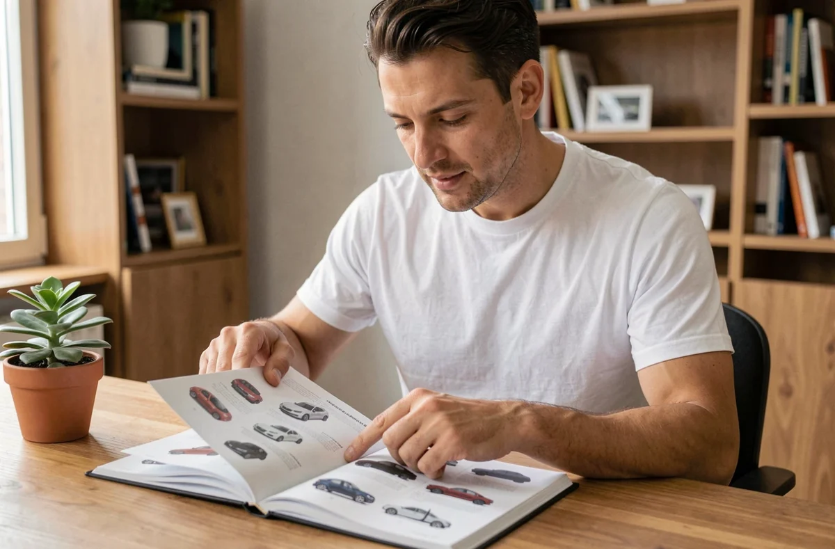 Homme étudiant un guide illustré des logos de marques automobiles posé sur un bureau en bois dans un bureau à domicile moderne